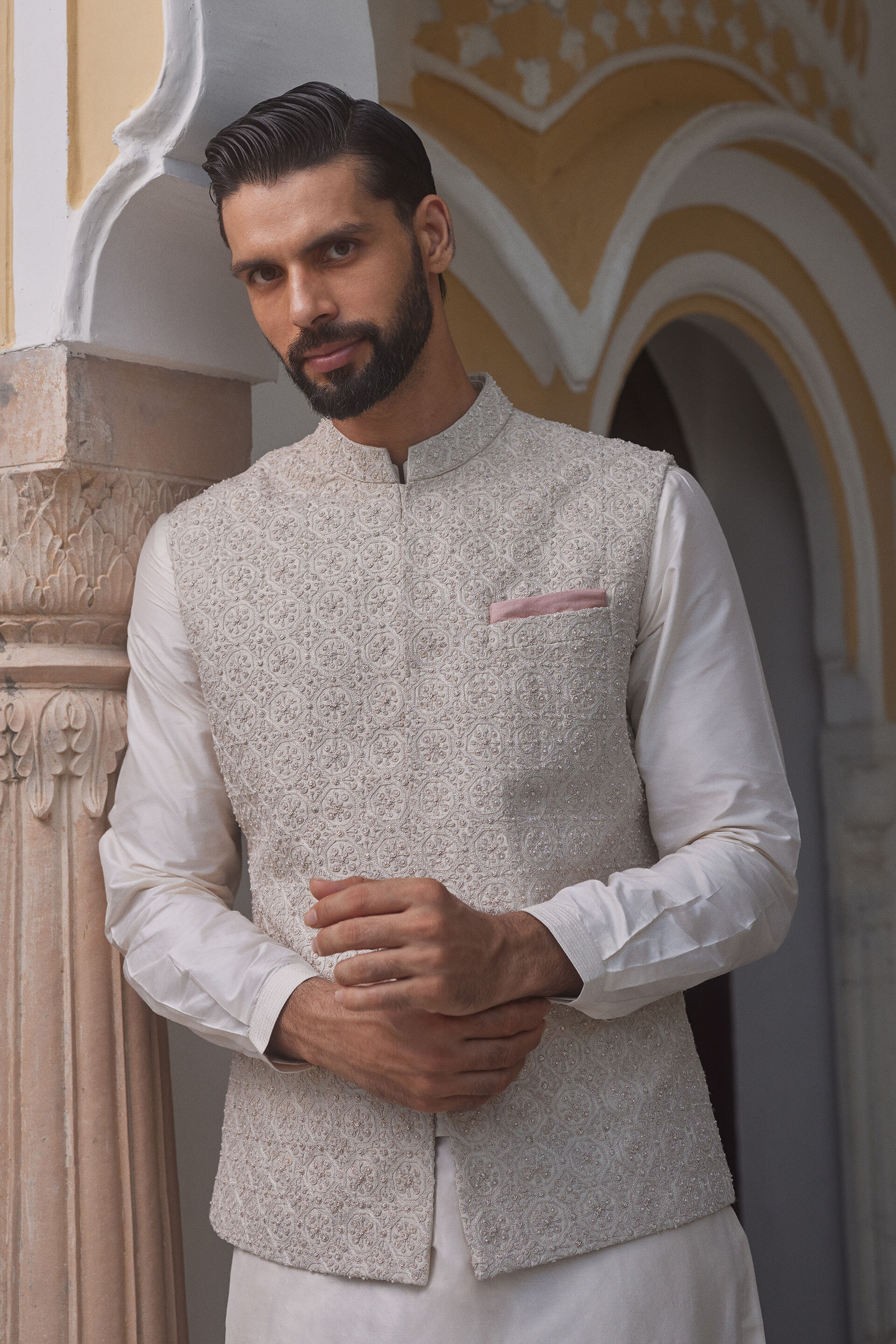 Chaital Embroidered Silk Nehru Jacket - Ivory, Ivory, image 3
